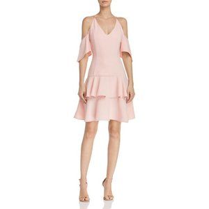 AQUA Womens Pink Cold Shoulder Dot-trimmed Short Sleeve V Neck Mini Party Ruffle